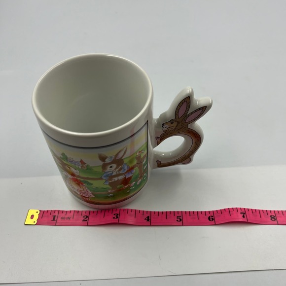 Vintage Glazed Ceramic Coffee Mug Cup Spring Easter Bunny Rabbit Handle - Picture 3 of 9